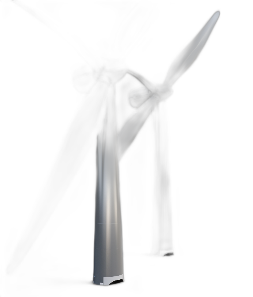 White wind turbine on a black background in the style of light painting studio photography with volumetric lighting in a hyper realistic, octane rendered 3D scene from a low angle shot as high resolution, minimalistic, close up, long exposure photography with a depth of field effect using a wide lens.