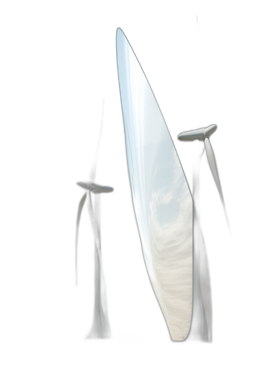 3 wind turbines, white material, reflection in the black background, light from behind, centered, minimalist, high contrast, in the style of hyper realistic, cinematic