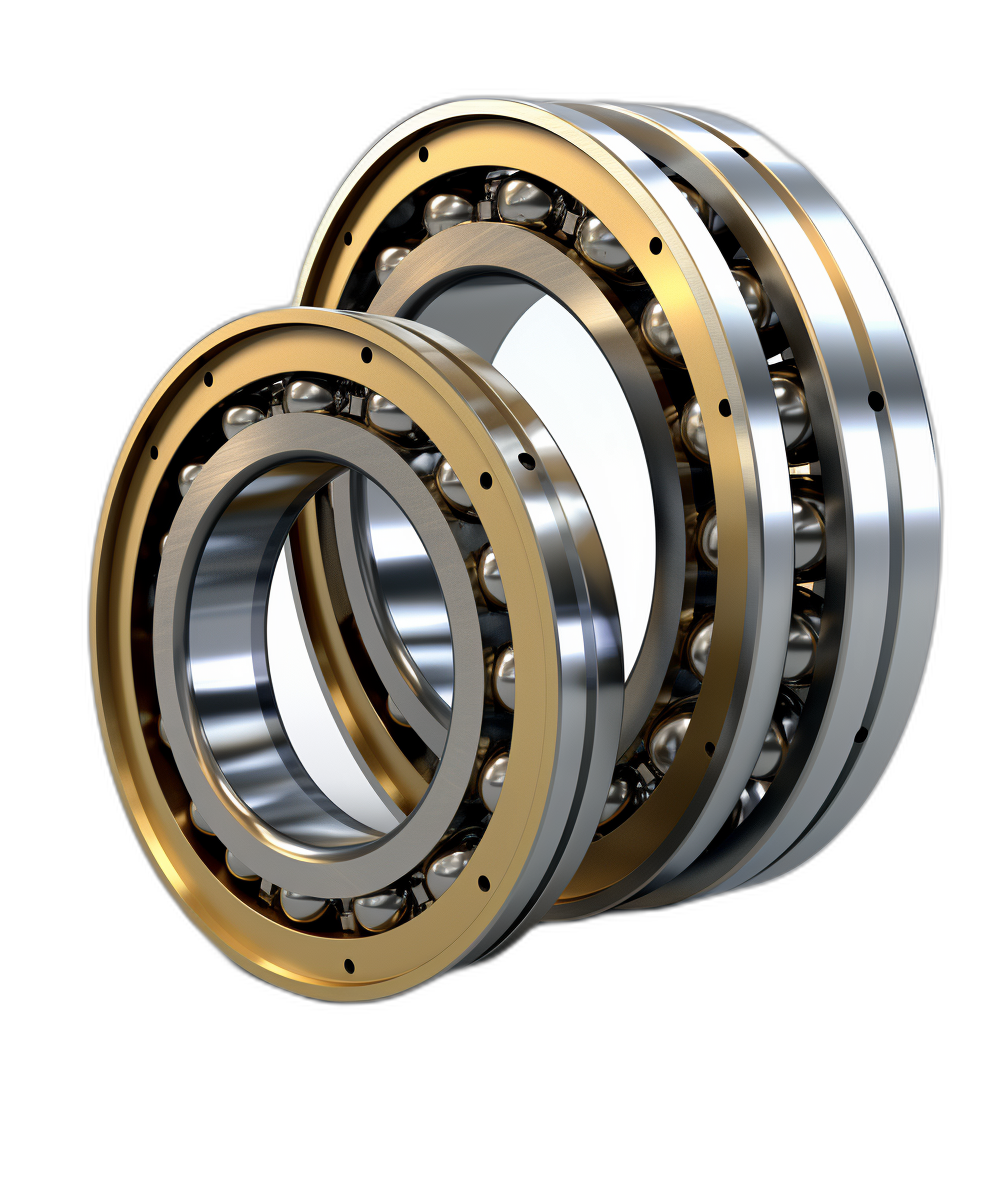 3d render of two open balliar bearings, isolated on black background, metallic gold and silver colors, ultra realistic,