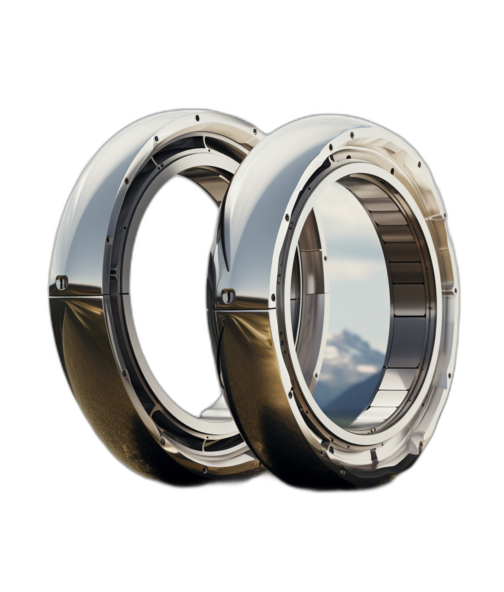 3D render of two shiny chrome rings, each with one side visible and the other side covered in the style of an object that is the same size as them, black background, view from above, no reflections on surface, reflection in glass windows showing a mountain landscape, product photography.