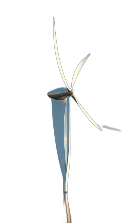 A wind turbine in a simple and minimalist style, 3D rendering with a black background. It features a light white metal texture and clear shape. The perspective is from the front of the turbine. High resolution. C4d software was used to create a clean composition. Bright colors highlight details.