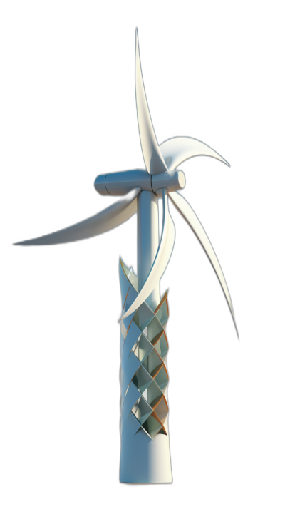 A wind turbine made of white paper, three-dimensional structure, splicing design with sharp edges and corners, three main parts – blade, tower and base body, tower composed of interlacing elements, blades in the shape of "U", overall appearance in minimalist style, pure black background, 3D rendering effect, natural light illumination, high resolution photography, in the style of natural light illumination.