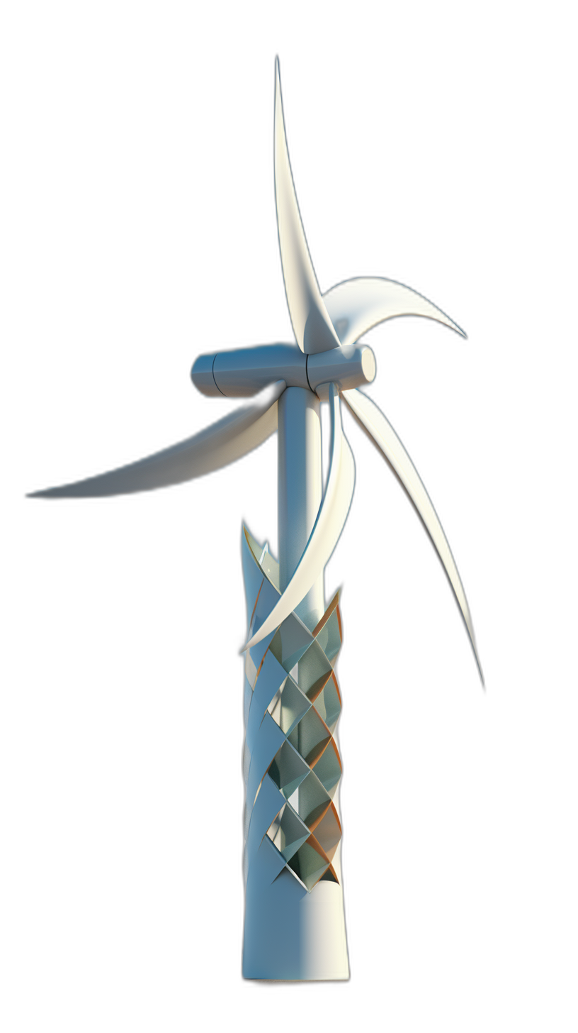 A wind turbine made of white paper, three-dimensional structure, splicing design with sharp edges and corners, three main parts – blade, tower and base body, tower composed of interlacing elements, blades in the shape of “U”, overall appearance in minimalist style, pure black background, 3D rendering effect, natural light illumination, high resolution photography, in the style of natural light illumination.