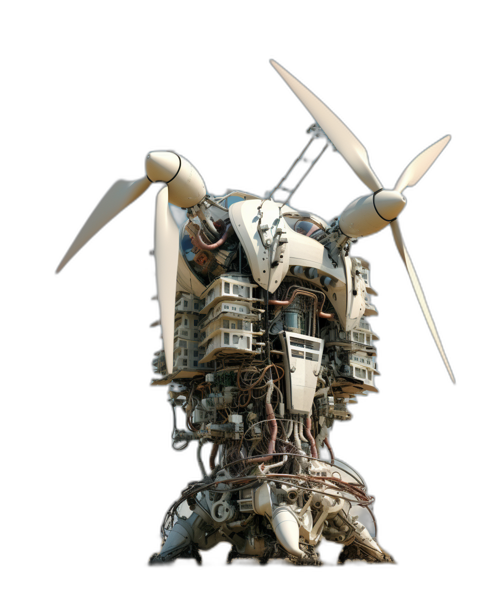 A robot with three large propeller blades on its head, covered in buildings and wires, black background, hyperrealistic details, in the style of cyberpunk, machine aesthetics, 3D rendering, low angle view, frontal shot, high resolution. It is made of metal material and has two small wings attached to the side. The structure resembles an aircraft engine or helicopter runner, with white colors and sharp edges. High definition photography.