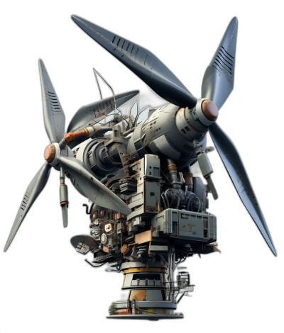 A small propeller engine with multiple components on a black background, in the style of [Ralph McQuarrie](https://goo.gl/search?artist%20Ralph%20McQuarrie) and [Studio Ghibli](https://goo.gl/search?artist%20Studio%20Ghibli), hyper realistic rendered in octane.