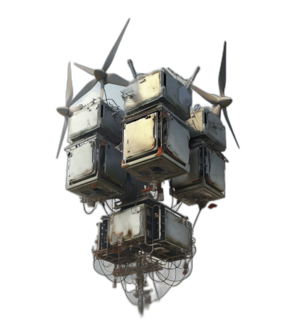 A floating cube with multiple small propeller engines on top and many square white metal boxes stacked together, against a black background, concept art in the style of [Craig Mullins](https://goo.gl/search?artist%20Craig%20Mullins), trending on Artstation, from a high angle shot, rendered in Octane, with hyper detail.