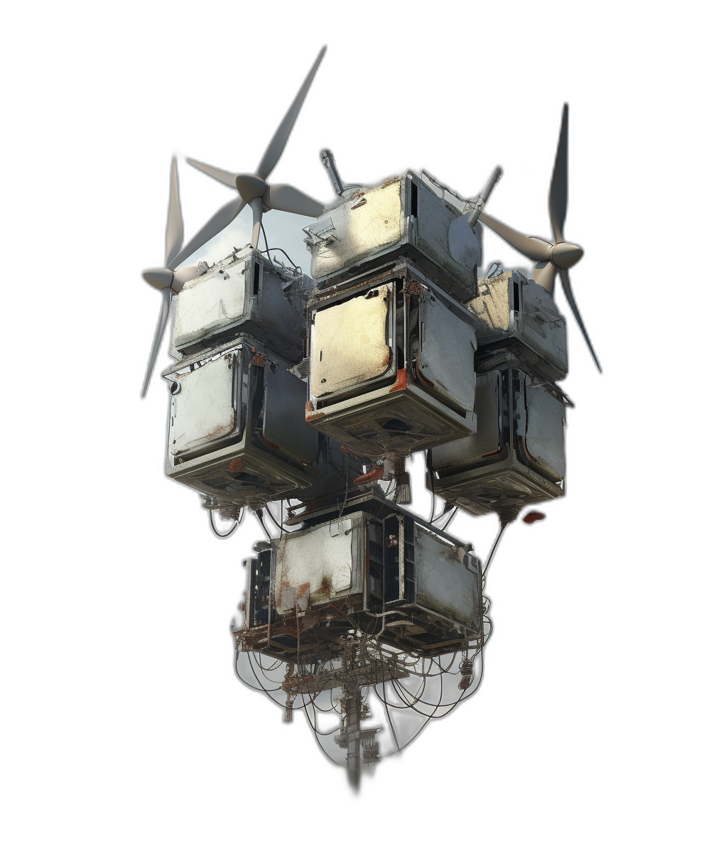 A floating cube with multiple small propeller engines on top and many square white metal boxes stacked together, against a black background, concept art in the style of [Craig Mullins](https://goo.gl/search?artist%20Craig%20Mullins), trending on Artstation, from a high angle shot, rendered in Octane, with hyper detail.