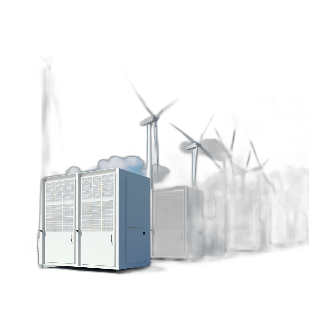 white energy storage boxes with wind turbines in the background, black sky, photorealistic, high resolution photography