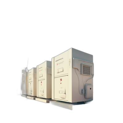 A photorealistic rendering of an energy storage system, with three white cabinets and a black background. The cabinet on the right is the main body. There are some data cables connecting the other two cabinets. No text or logos appear in any part of the picture. Rendered lighting creates a hyper realistic style.