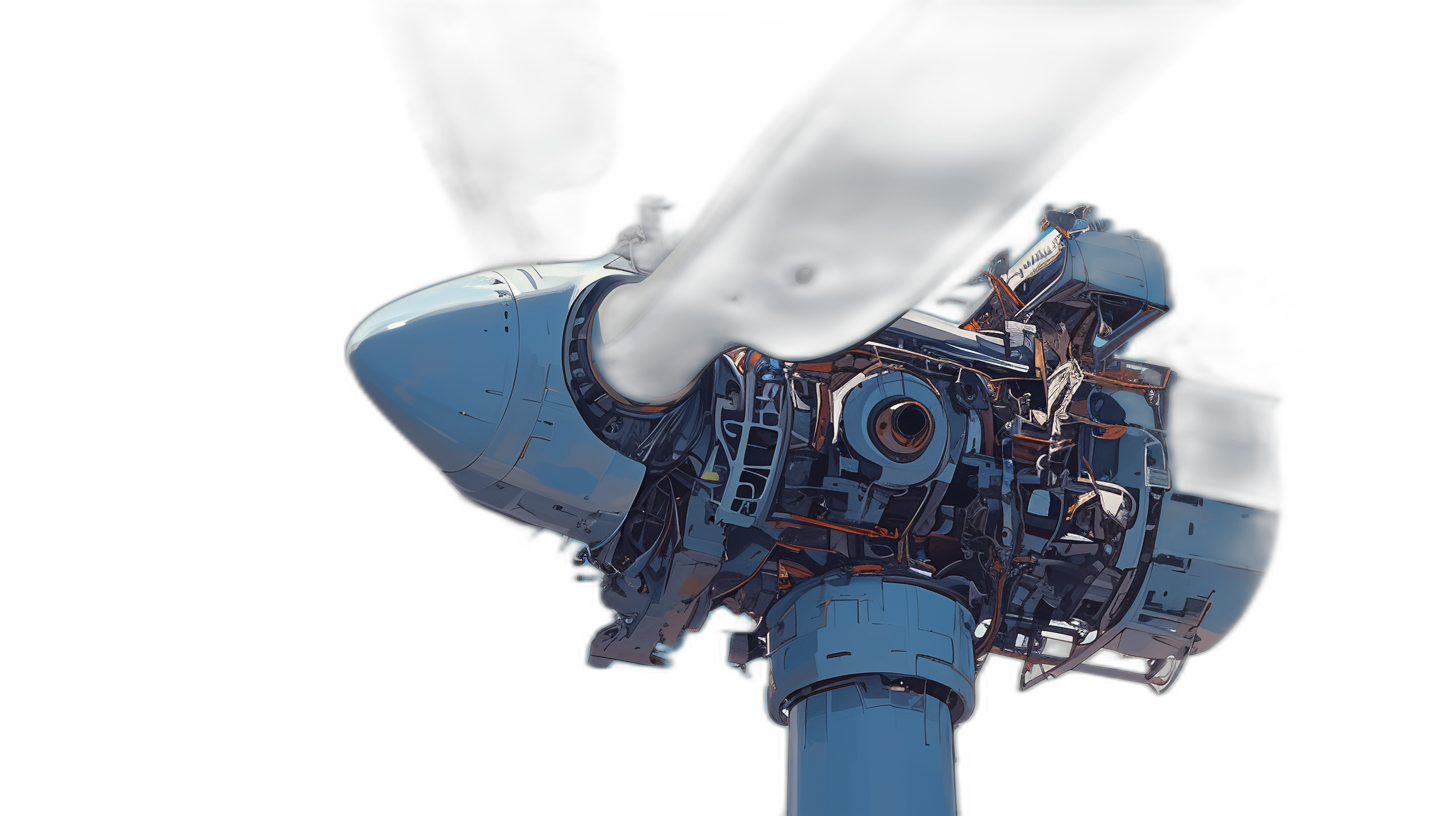 Illustration of an extreme close up view from the side looking down at one small white engine on top of a space station, against a black background, from a low angle, in the digital art style.