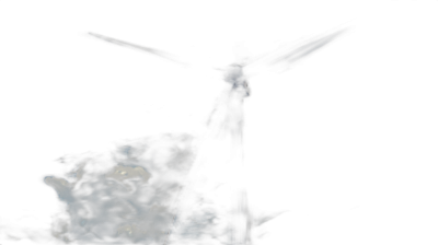 a dark background with an abstract shape of the windmill in front, illuminated by light rays from behind. A translucent blue smoke cloud is also visible against black. The wind turbine's blades and base can be seen faintly glowing, creating a mysterious atmosphere. In cinematic style, volumetric lighting creates depth. No text or other elements on screen to infer any character or context beyond these objects. The overall mood should convey tranquility or mystery.