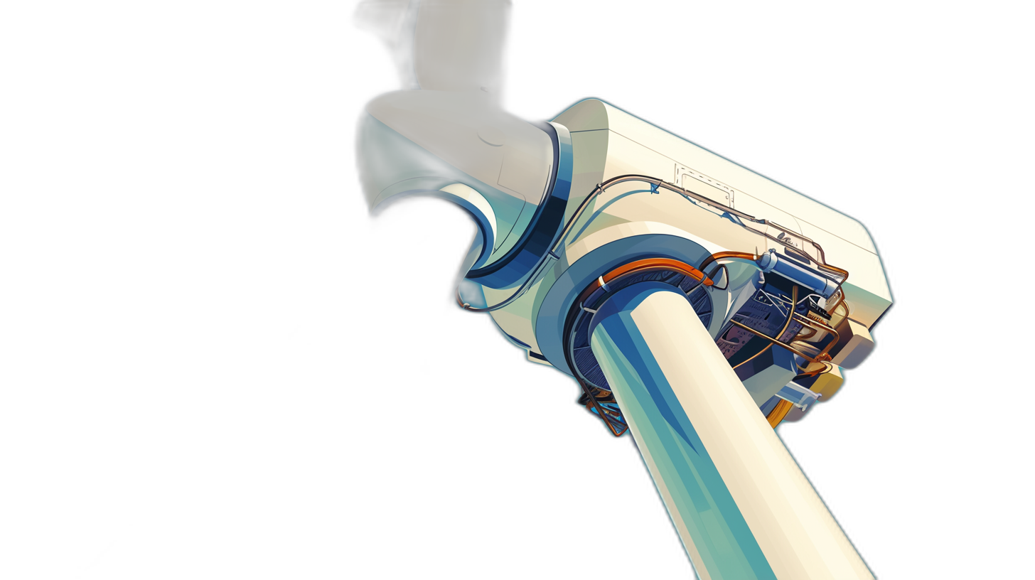 3D illustration of a wind turbine with blades, close up on its internal electrical components and motor in blue, white and grey colors, against a black background, at a 45 degree angle.