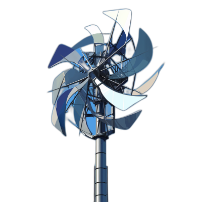 A cartoon illustration of an abstract wind turbine in a blue and white color palette on a black background from a low angle shot at high resolution.