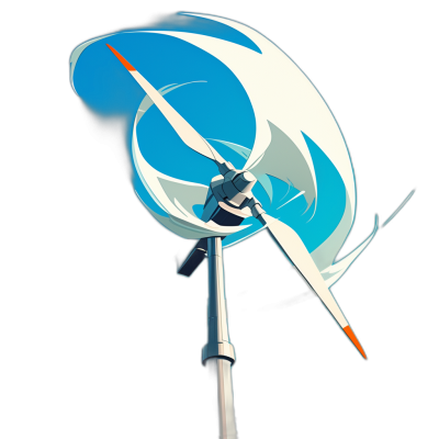 A wind turbine with blue and white blades spinning in the style of anime, vector illustration, simple design, high contrast, on a black background, in the cartoon character style, low detail, high resolution, without shading details.