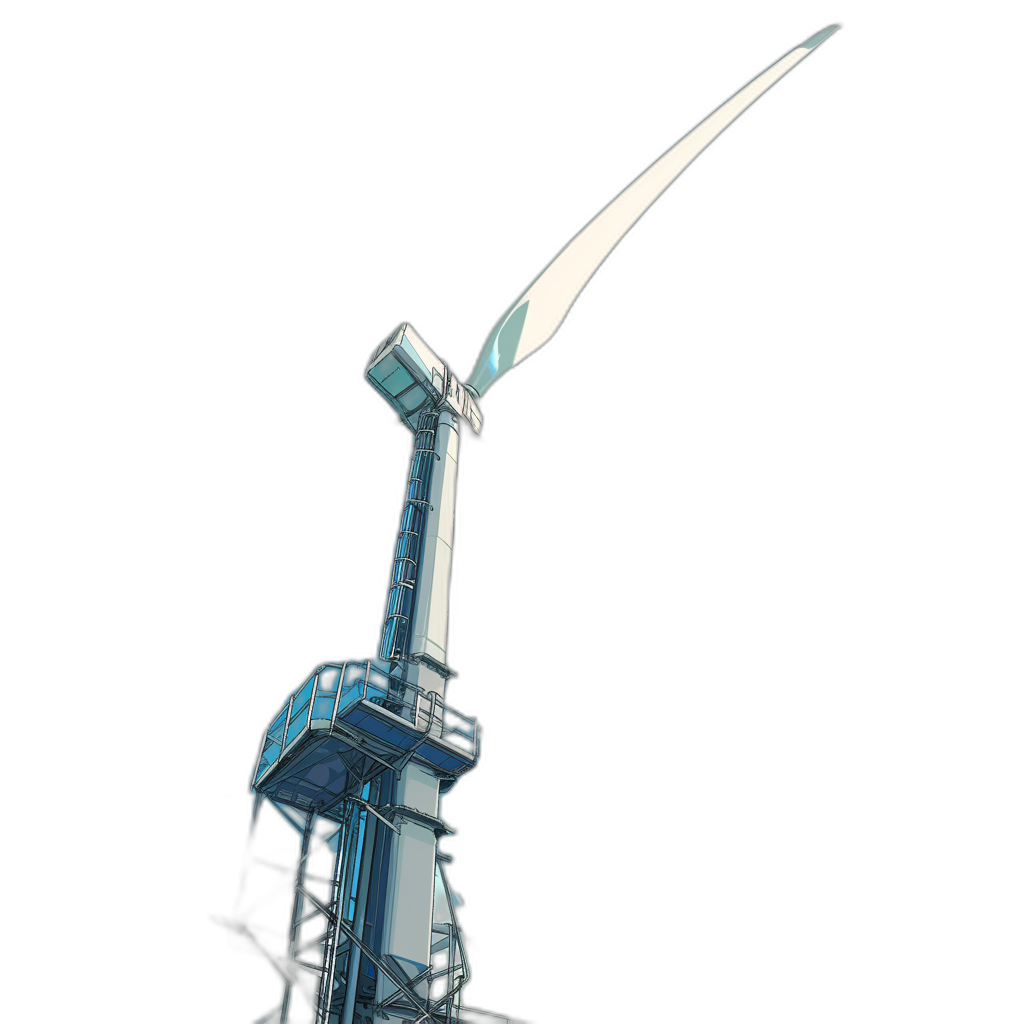 White wind turbine in the style of a futuristic style with a clear blue and white color scheme against a pure black background. 3D rendering perspective view of the entire tower from bottom to top with high resolution, detail, quality and definition in a high pixel, sharp and contrasted hyper realistic and detailed render resembling a hyper detailed photo.