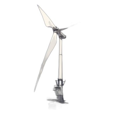 A photorealistic wind turbine, white with a black background, in a low angle shot, with studio lighting, rendered in a hyper realistic style.