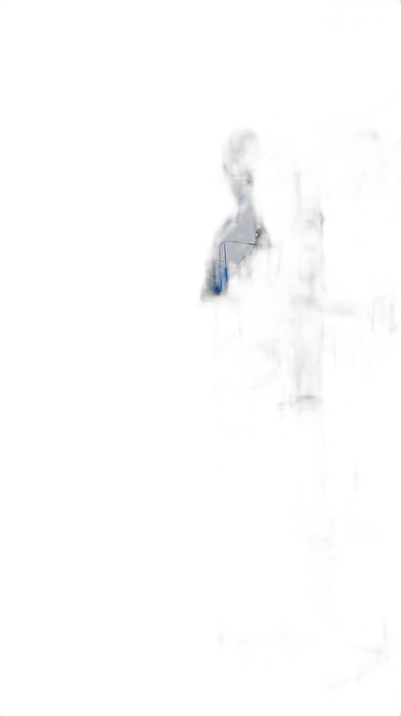 A person is sitting in the dark, illuminated by blue light from their phone screen. A small figure of an old man made out of white fog floats above them, his eyes glowing bright and piercing against the black background. It is a low angle shot with a cinematic style.