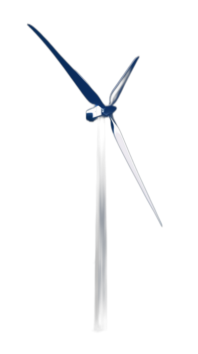 A wind turbine in white, glowing blue against a black background, illuminated in the style of studio lighting, in a minimalistic style, with a slight perspective and a closeup of the blades. The windmill is centered on one side of the screen, with a clear view from below, creating an elegant composition. This is a high-quality 3D rendering with high resolution and high definition, showcasing the details of the structure and textures. It embodies industrial design aesthetics.