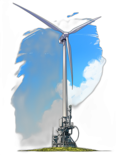 A wind turbine vector illustration in the style of cartoon style on a black background with white clouds in the sky, smoke coming out from it, a machine attached to its base is creating electricity with blue and green colors. High resolution, high detail, high quality image.