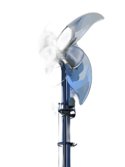 A wind turbine with blades made of glass, on a black background, in a hyper realistic style, in a studio photography style, in a cinematic style, with a close up view, with blue light, with no shadows.