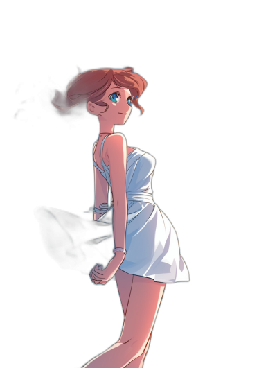 full body portrait of a young girl in a white short dress, with blue eyes and brown hair, a happy expression, on a black background, in a dark fantasy style, in the style of Miyazaki's Ghibli animation, anime style, with flat colors, cel shaded.