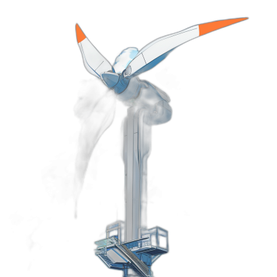 A white and blue wind turbine with an orange tip, the background is black, the light source of the picture comes from behind it, in the style of anime, blender rendering, high resolution, full body shot, hyperrealistic details, on top of tower, flying in air, in the style of cartoon character design, concept art, no text, pure black background, perspective view, solid color background, high detail, high contrast, soft shadows, bright highlights, natural lighting, deep colors, dark blue.