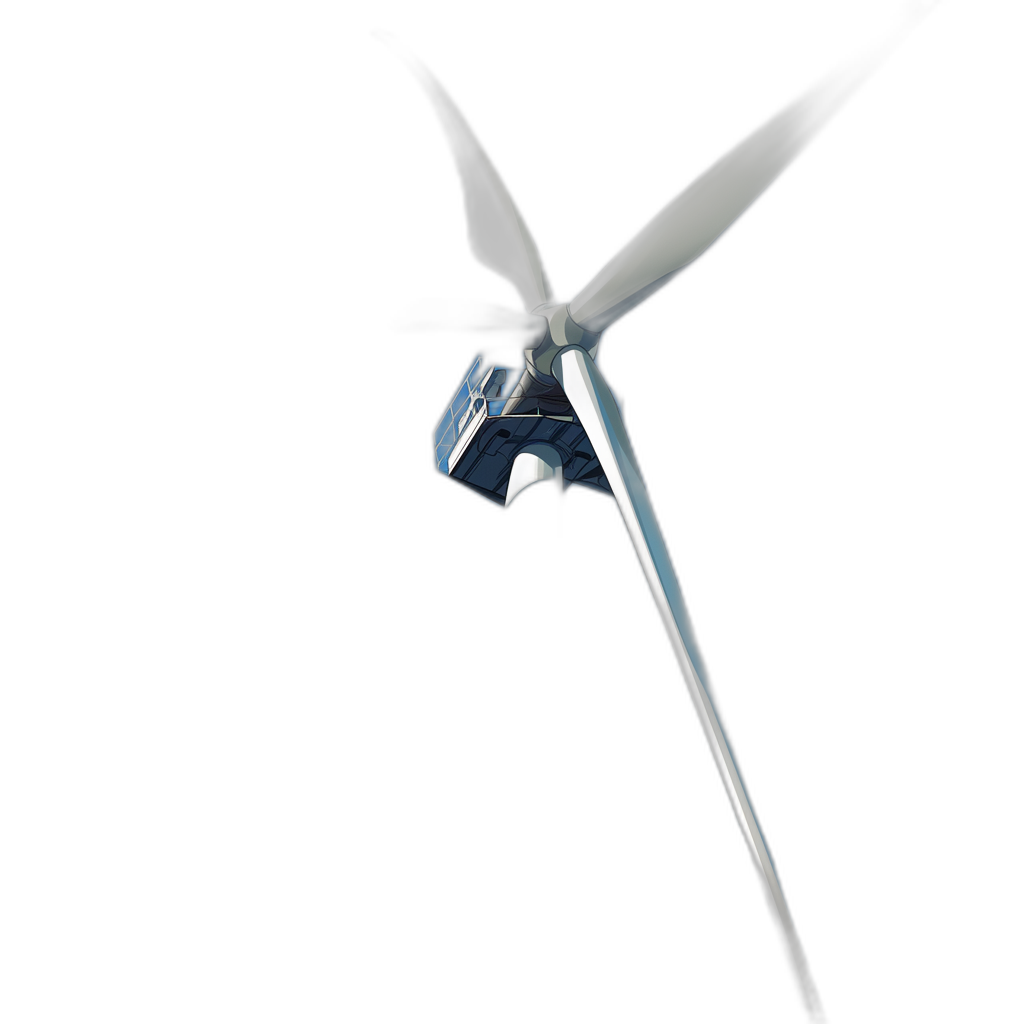 photorealistic wind turbine with blue wings, on a black background, in a minimalist style, from a low angle shot, with high resolution photography