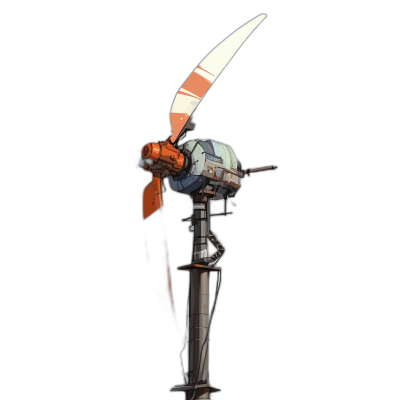 A long thin blade is attached to the top of an electric motor with two blades on each side. The bladed part is orange and white with a black background. The style is like Star Wars cartoons. A full body view.