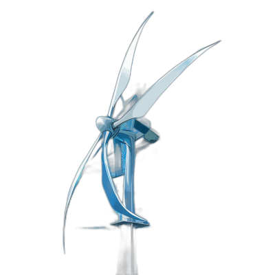 A wind turbine made of blue and white metal, with an abstract shape that resembles dragonfly wings, against a black background. The focus is on the detailed design of its blades and body, creating a sense of motion or speed. The artwork is in the style of an abstract piece.