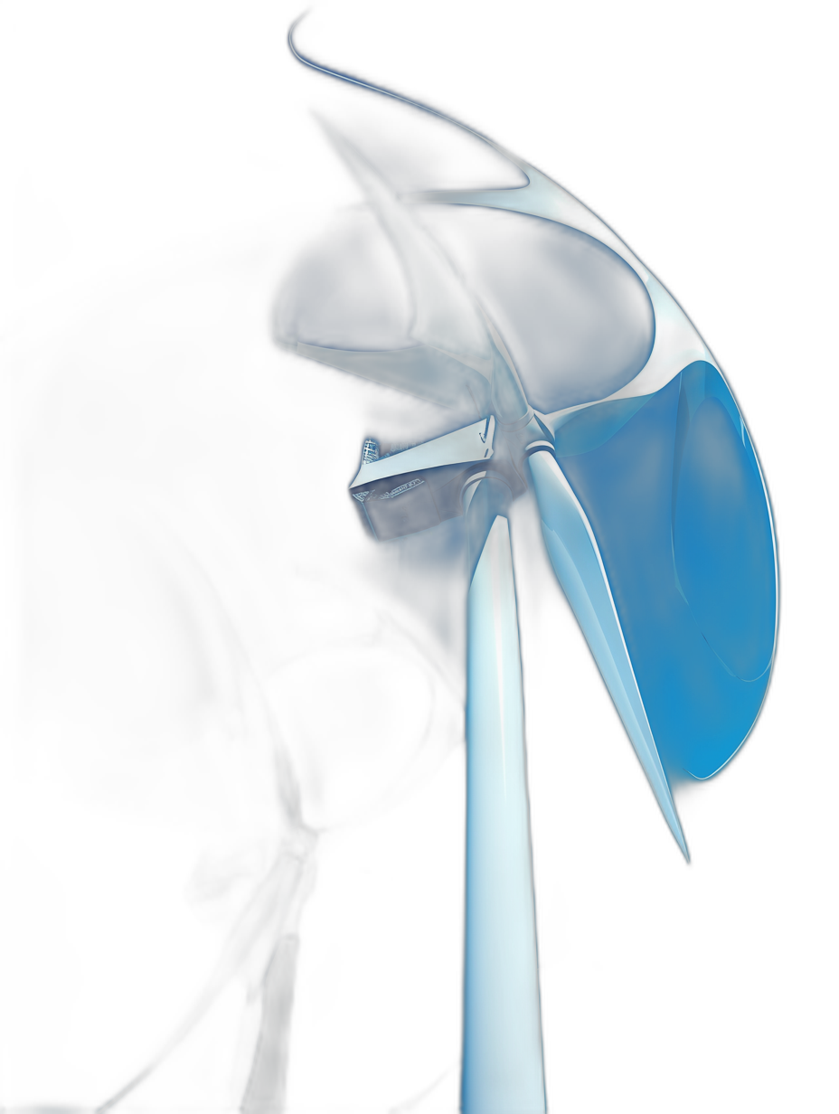 close up of wind turbine, black background, blue and white color palette, futuristic, cinematic, hyper realistic