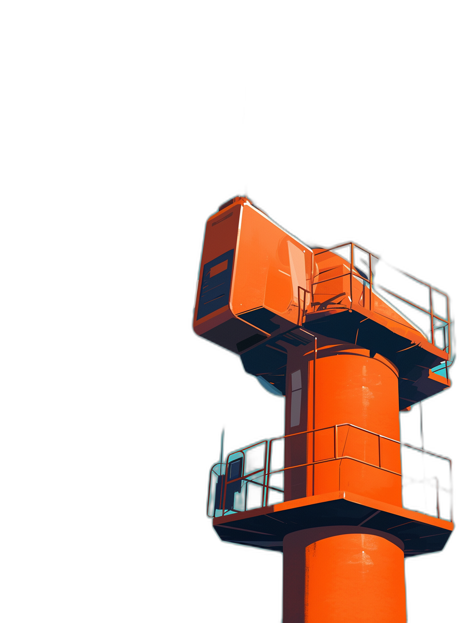 A flat illustration of an orange modern control tower on a black background, from a high angle view with low detail, in a smooth and clean style in the style of [Syd Mead](https://goo.gl/search?artist%20Syd%20Mead).