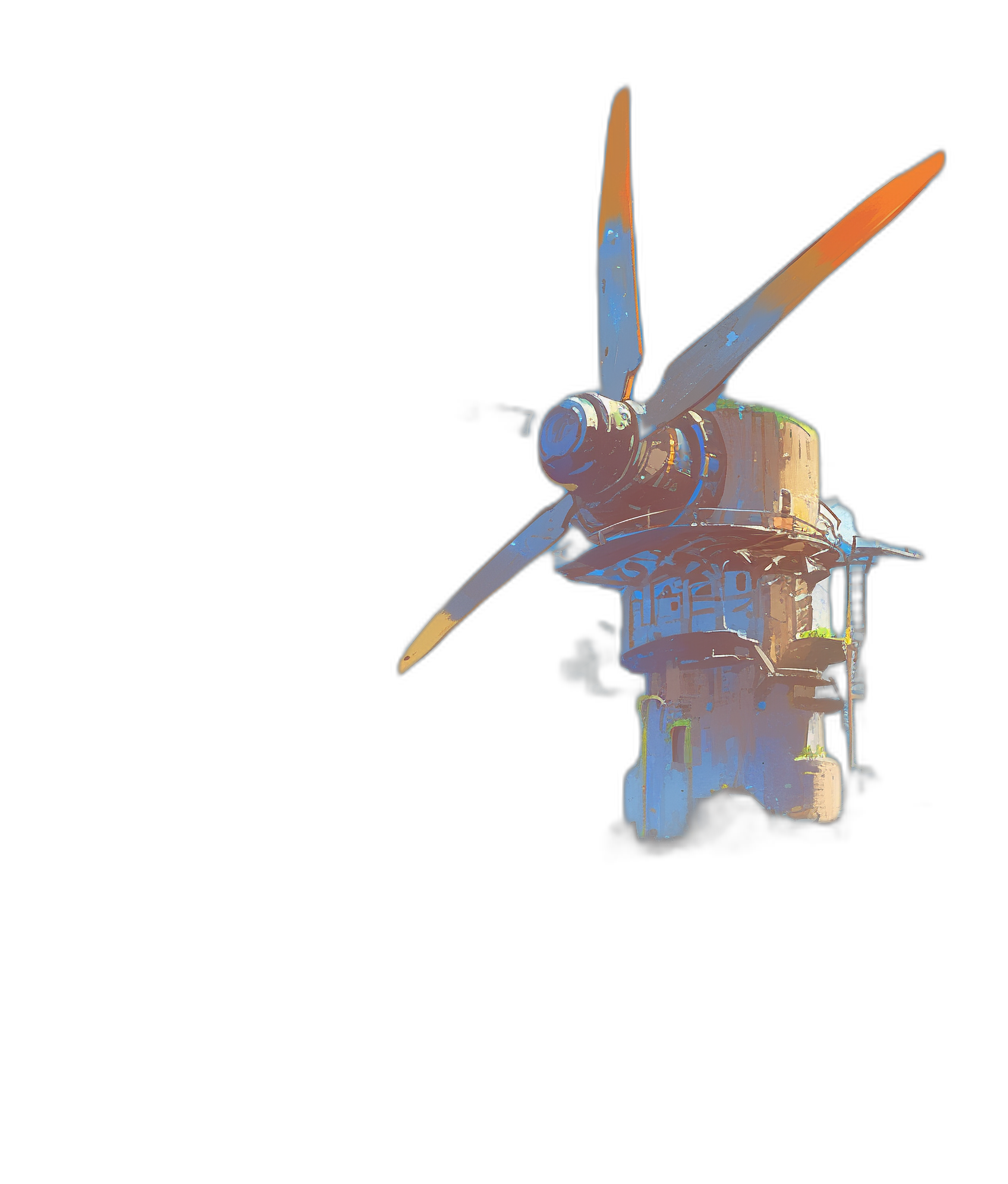 flying propeller engine, simple illustration, on black background, retro colors, by [John Harris](https://goo.gl/search?artist%20John%20Harris) and [Craig Mullins](https://goo.gl/search?artist%20Craig%20Mullins)