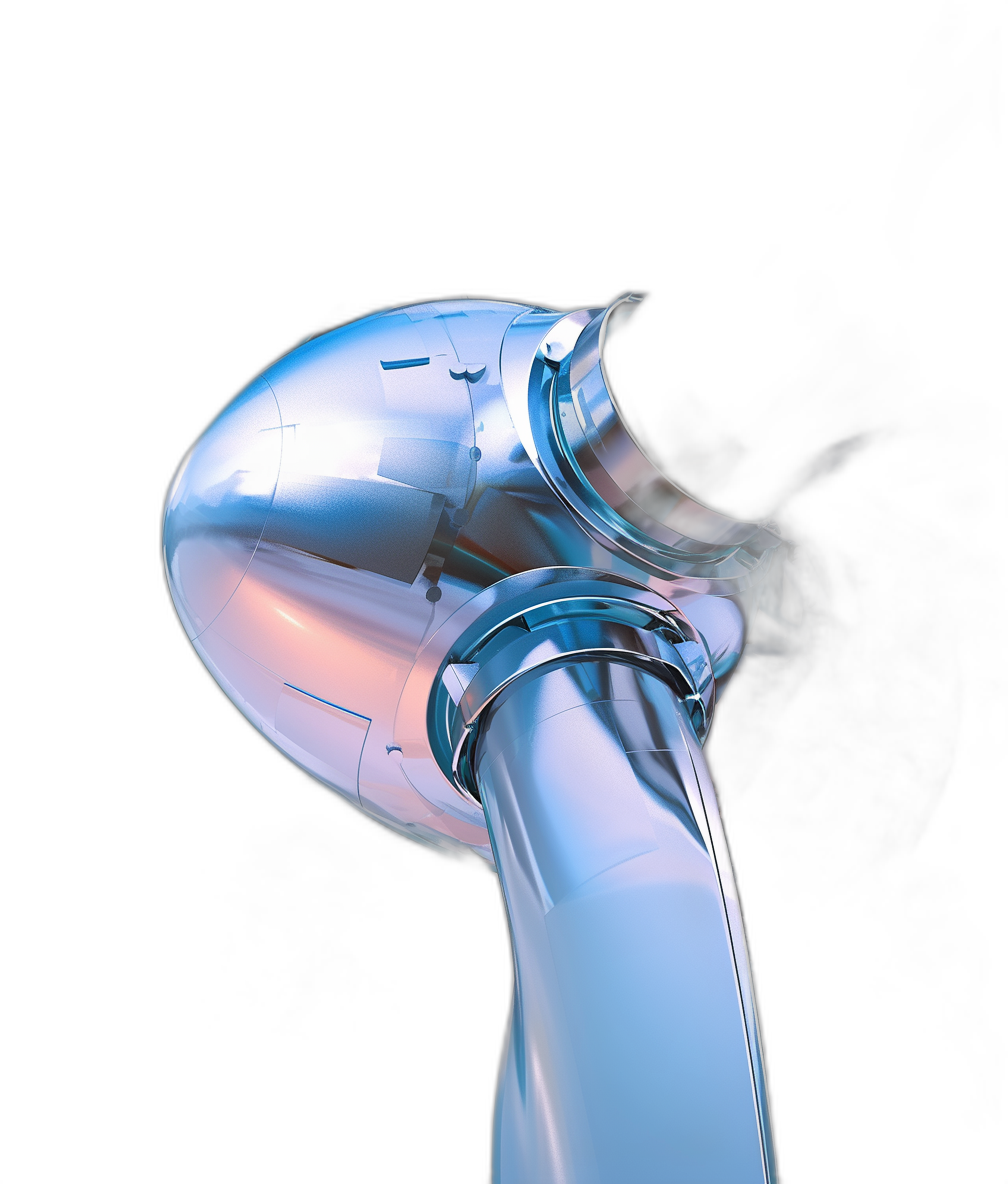 A futuristic hair dryer of glass material and silver metal color shown from the side view on a black background in the style of C4D rendering with light and shadow effects and a perspective composition under high contrast lighting with blue tones in closeup shots focusing attention.