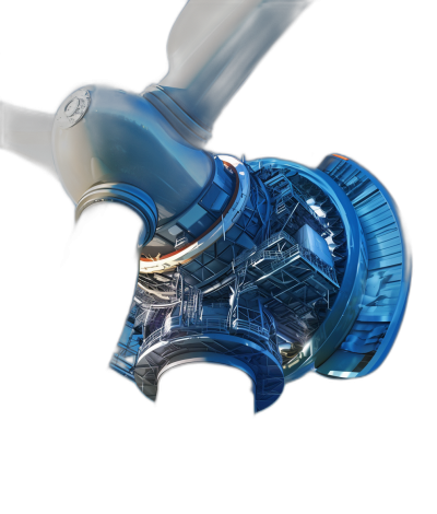 Photorealistic close-up of the base structure and inside part of a blue wind turbine on a black background, with high resolution photography, insanely detailed, and cinematic lighting in an HDR style.