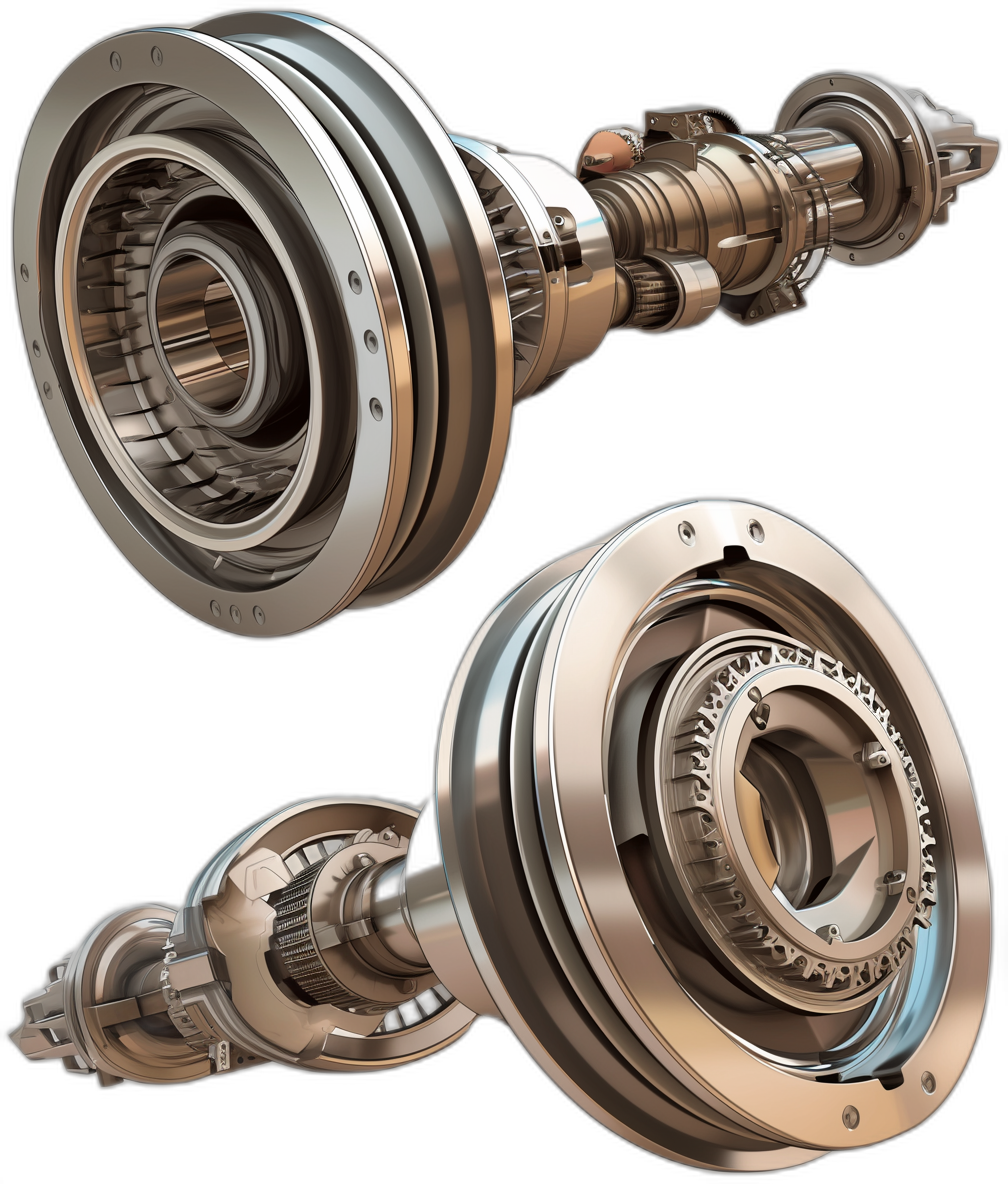 Realistic rendering of the inside views of two different types of open buganery drive axles on a black background, with a shiny metal finish and visible gears. The artwork displays fine details in the style of hyperrealism and hyperdetailed styles.