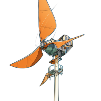 A cartoon illustration of an orange wind turbine with white blades on a black background in a low angle shot, in the style of [Akira Toriyama](https://goo.gl/search?artist%20Akira%20Toriyama) and [Gil Elvgren](https://goo.gl/search?artist%20Gil%20Elvgren), in an anime style.