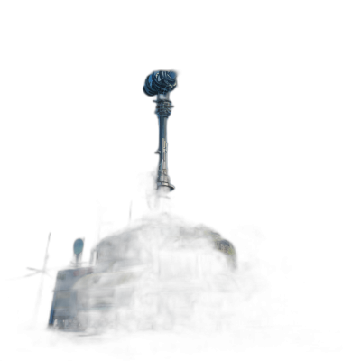 lighthouse on the roof of an abandoned space station, isolated in pitch black background, digital art style