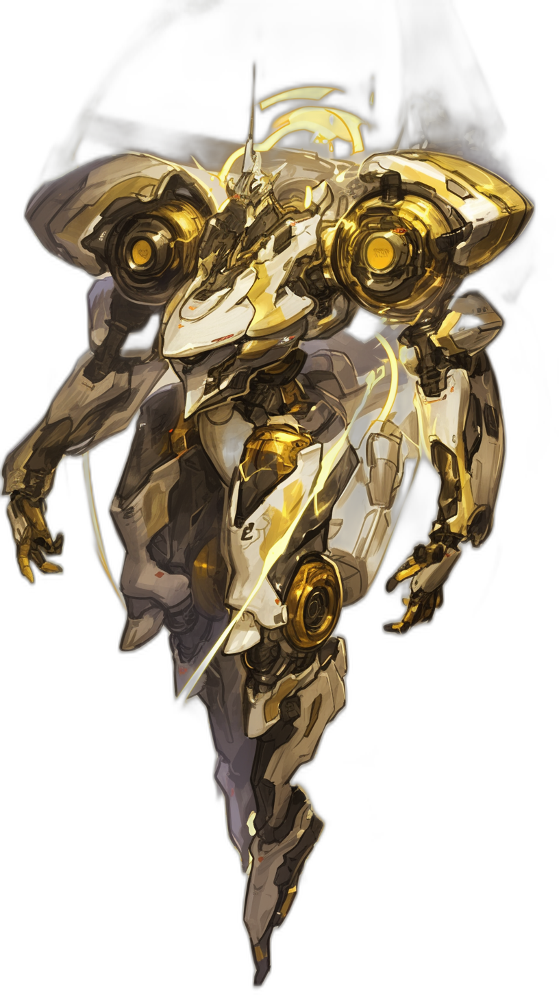 A holy golden mech with white and black colors, glowing eyes, flying in the air, in the style of [Krenz Cushart](https://goo.gl/search?artist%20Krenz%20Cushart), anime style, black background, vector art.