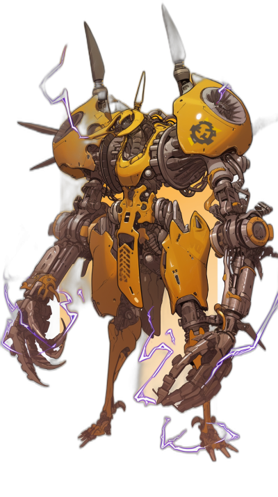 A yellow and black mechanical dog mech with lightning gauntlets, designed in the style of Final Fantasy Tactics by [Akihiko Yoshida](https://goo.gl/search?artist%20Akihiko%20Yoshida).