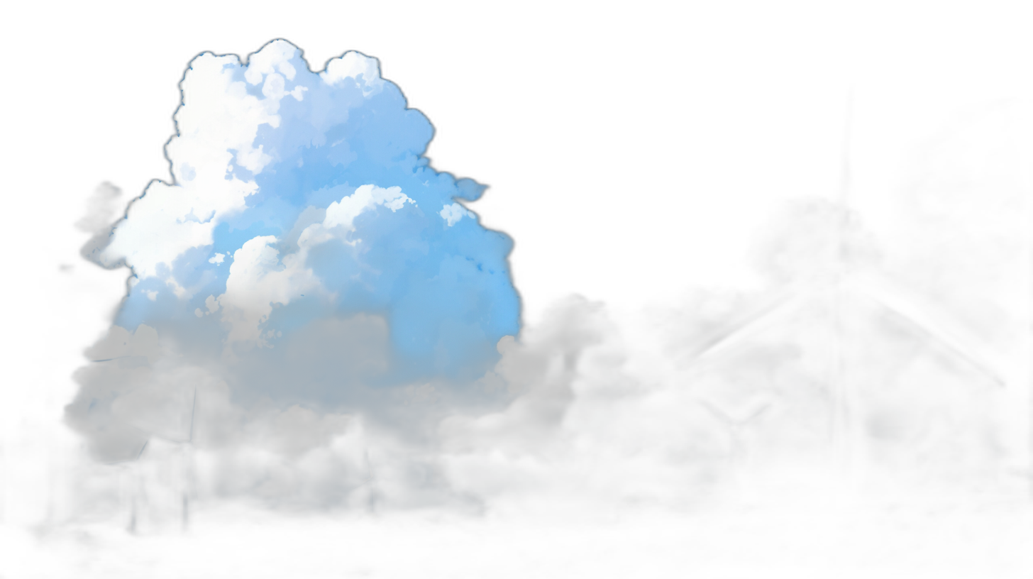 A white cloud of smoke rises from the ground, and behind it is an energy power plant with a black background. The cloud has blue edges and forms in front of wind turbines. In the style of digital art.