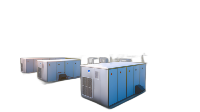 Three small air conditioner buildings, white and blue color scheme, black background, rendered in the style of OC, 3D model, product design, high definition