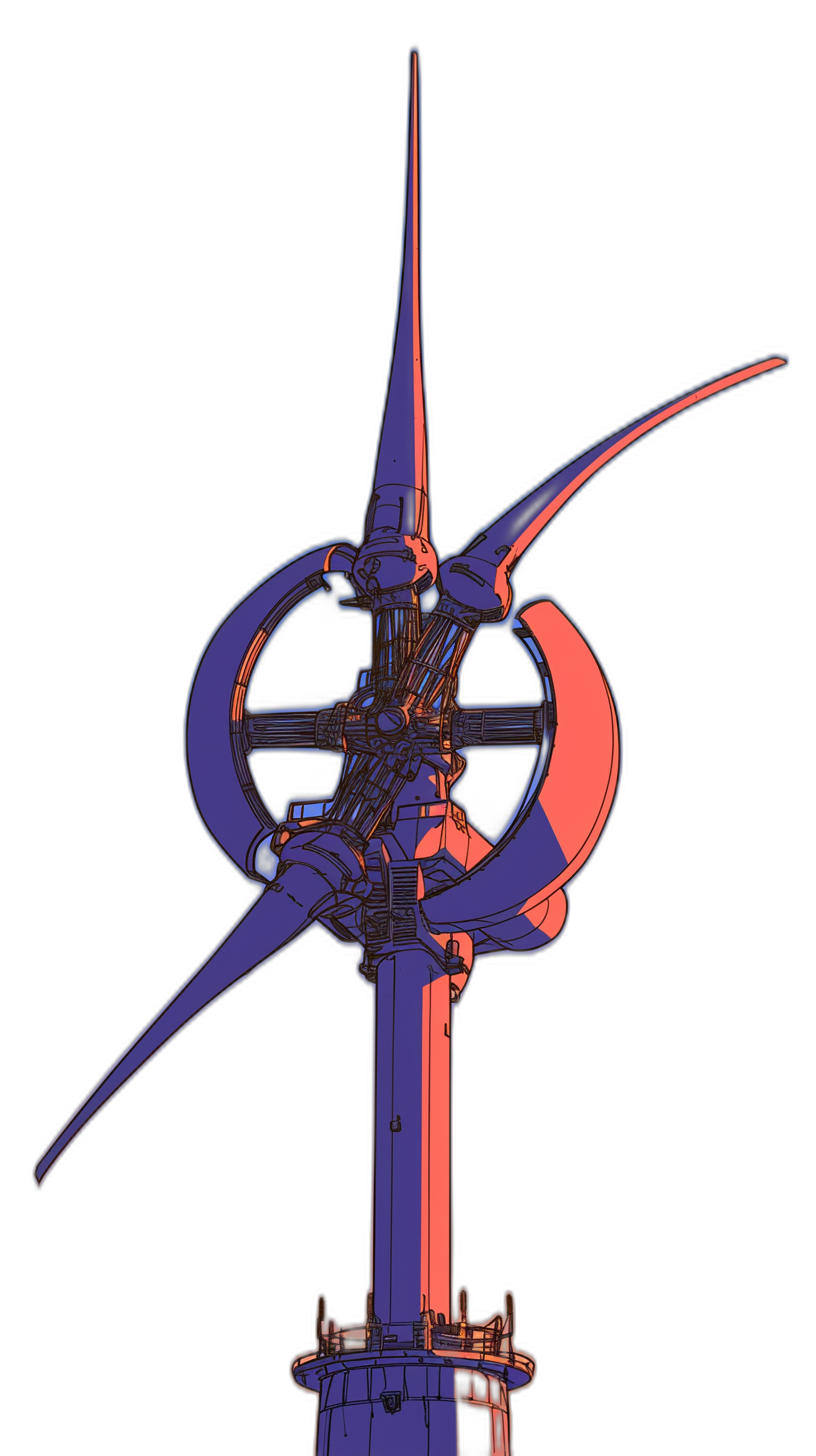 A very simple and minimalistic wind turbine with a purple, red, and blue color scheme against a solid black background in the style of an anime drawing in the style of [Katsuhiro Otomo](https://goo.gl/search?artist%20Katsuhiro%20Otomo).