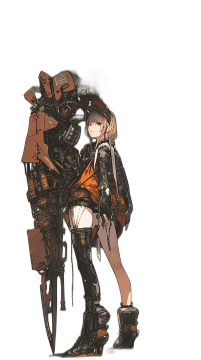 A cute anime girl in a mecha suit with a full body on a black background in a 2D game art style using dark orange and light bronze colors and bold character designs in the style of [Kentaro Miura](https://goo.gl/search?artist%20Kentaro%20Miura) with a strong use of color and in the style of Kheaded.