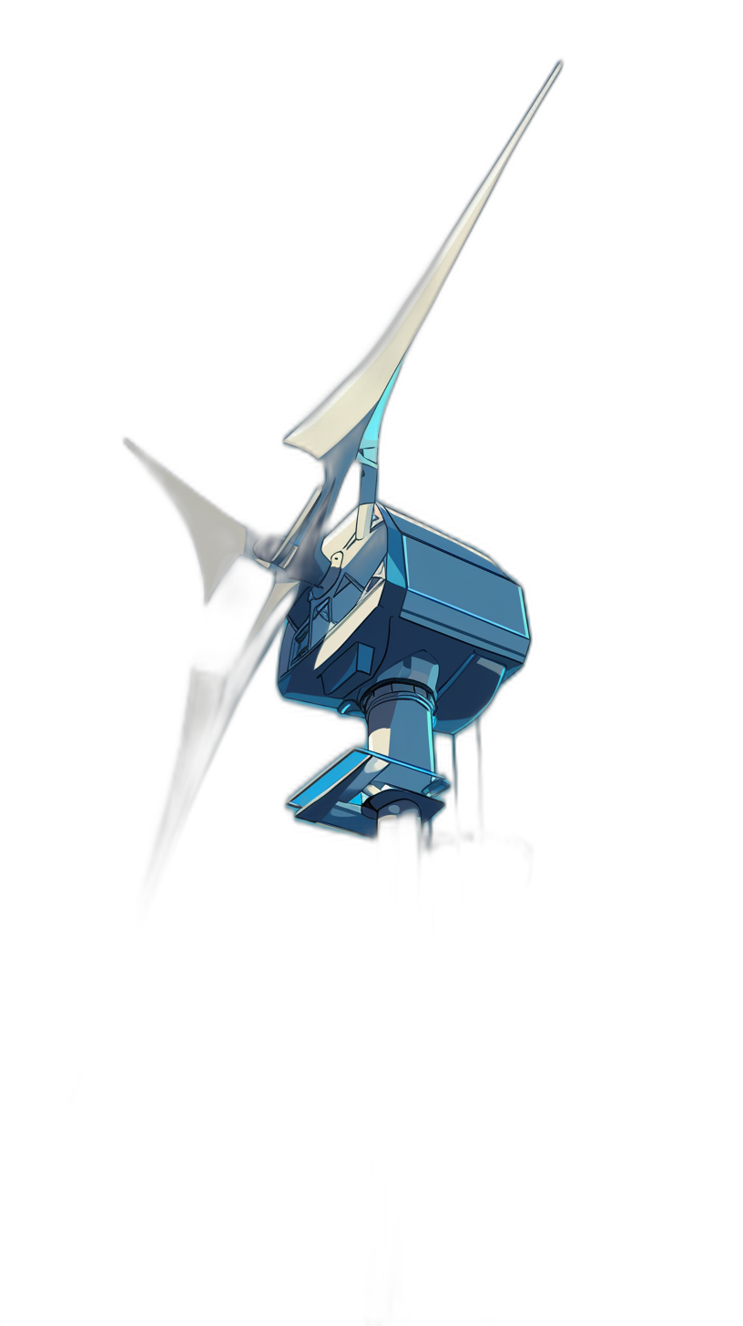 A blue rectangular space station with large wings on the sides, hovering in a black background, in the style of a gundam illustration in the style of Yoshiyuki Sadamoto.