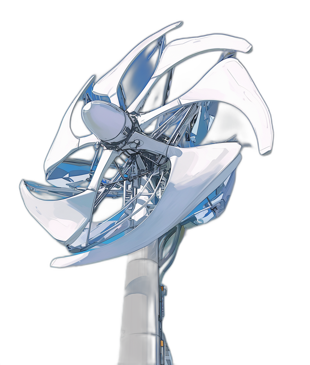 futuristic wind turbine, futuristic concept art in the style of [Hajime Sorayama](https://goo.gl/search?artist%20Hajime%20Sorayama) and [Ron Arad](https://goo.gl/search?artist%20Ron%20Arad), white metal with blue accent details on a black background, high resolution image