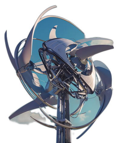 A futuristic wind turbine with an abstract design, incorporating elements of space travel and hightech technology. The structure is made from metallic materials like aluminum or stainless steel, creating reflections on the blue sky in its center piece. It features sharp edges and geometric shapes that give it a sense of motion and energy. Black background.