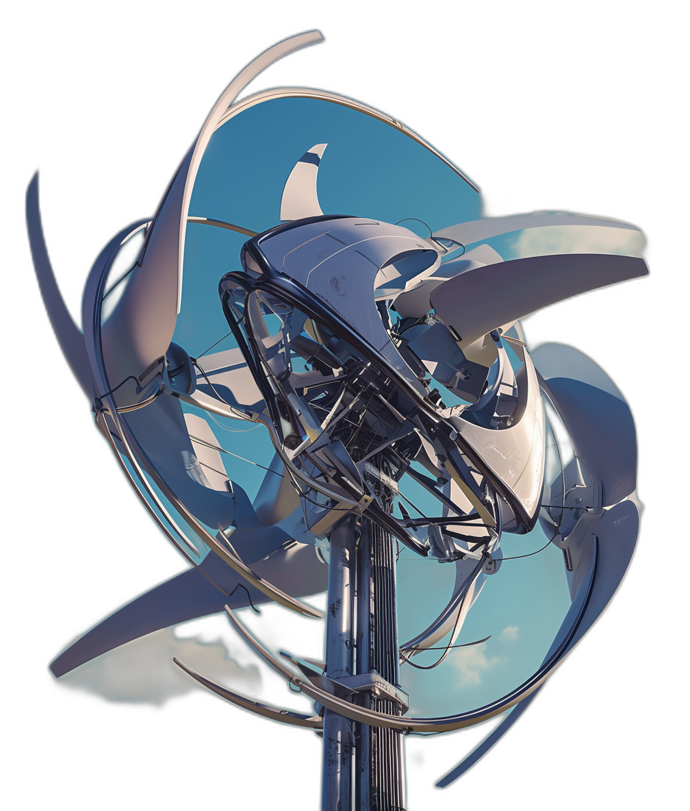 A futuristic wind turbine with an abstract design, incorporating elements of space travel and hightech technology. The structure is made from metallic materials like aluminum or stainless steel, creating reflections on the blue sky in its center piece. It features sharp edges and geometric shapes that give it a sense of motion and energy. Black background.