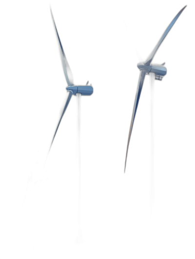 Two wind turbines flying in the air against a black background in a low angle shot with blue and white colors in the style of a 3D render. The style is hyper realistic with cinematic light and an octane rendering technique producing high resolution photography with ultra detailed, hyperrealistic imagery.