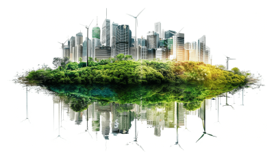 An island with green trees and buildings, surrounded by water, is located in the center of an urban cityscape. The reflection on its surface shows skyscrapers and wind turbines, symbolizing sustainable energy and environmental protection on an isolated white background.