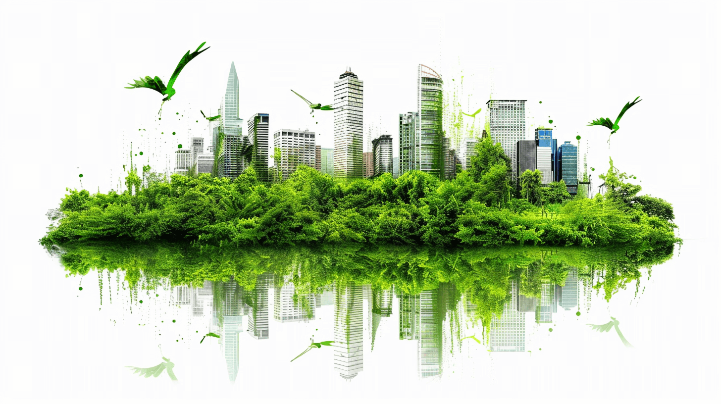 A modern city skyline with greenery and wildlife, set against a white background. The buildings should be sleek and contemporary in design, reflecting the urban environment of sustainable living. In front of them is an island covered entirely by lush vegetation, symbolizing natural harmony within the metropolis. Green birds flying around and water reflections add to the ecofriendly atmosphere. This composition captures environmentalism, green architecture, or sustainability themes.